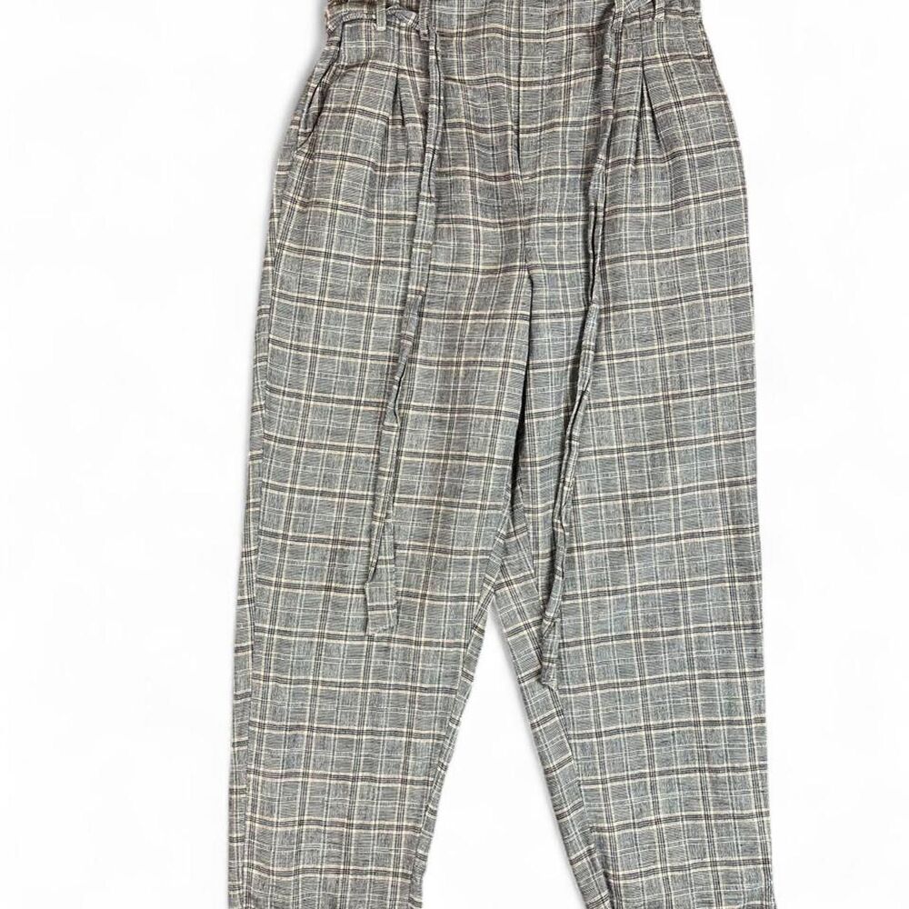 American Eagle Women's Pleated Paperbag Tie Waist Plaid Pant